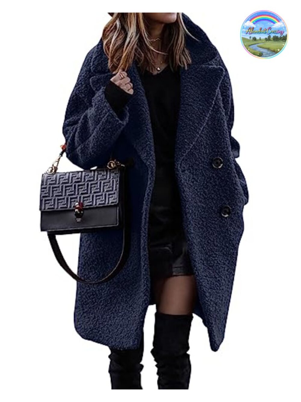 Women Faux Fur Coat Wool Peacoat Double Breasted Notched Lapel Winter Sherpa